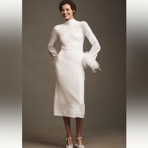 Hutch Long-Sleeve Mock-Neck Faux-Feather Sequin Column Midi Dress NWT